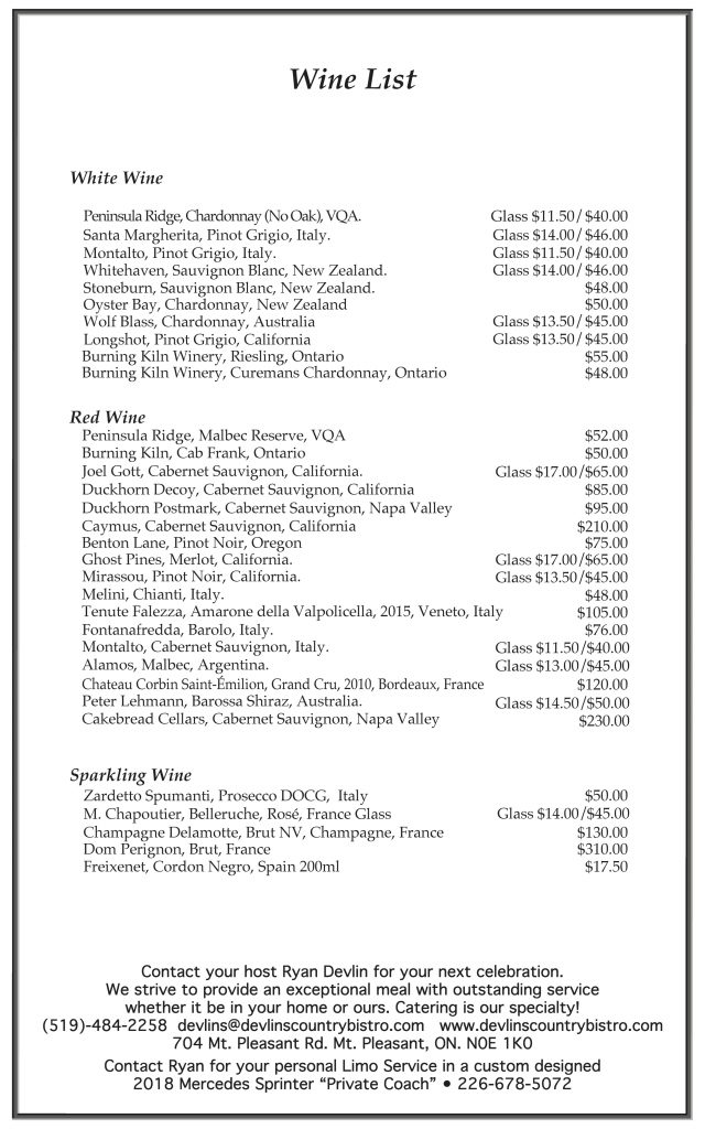 Our Menu - Devlins Country Bistro